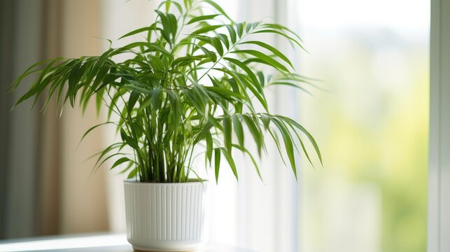 White pot with bamboo palm/reed palm on windowsill.