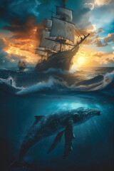 sunset over the sea with blue whale and sailing ship
