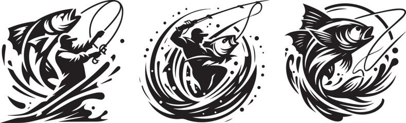 Angler catching fish, dynamic silhouette - obrazy, fototapety, plakaty