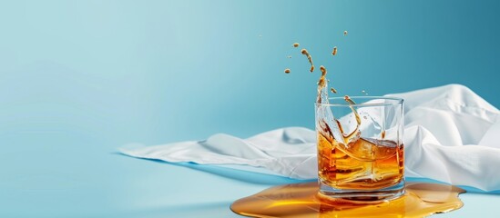 A liquid, possibly Tennessee whiskey or Cognac, spills out of a drinkware on the table, resembling a rusty nail or Godfather.