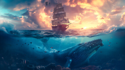 sunset over the sea with blue whale and sailing ship - obrazy, fototapety, plakaty