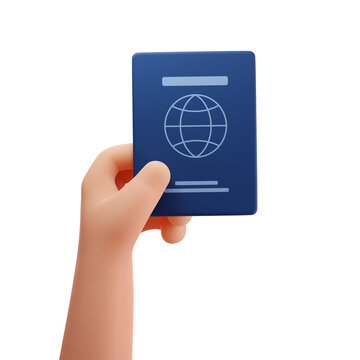 Passport service. Residence permit. International passport. 3d Caucasian hand holding legal document in blue cover isolated on white background. Immigration service. Visa center. 3d rendered