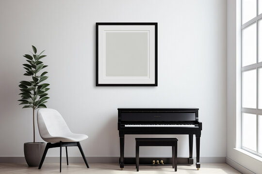 Frame mockup with copy space to place text on top of a black piano. World piano day. Isolated musical instrument concept.