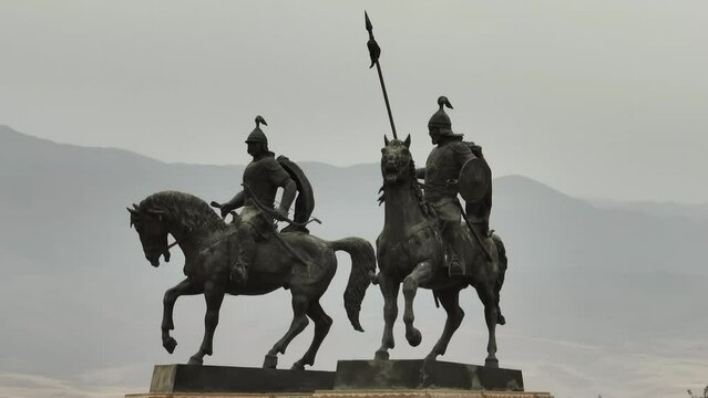 Horseman Monument to Sauryk and Suranshi batyrs in Uzynagash. National heroes of Kazakhstan country. Two generals on horseback.