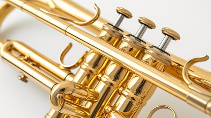 A golden trumpet isolated on a white background, capturing the beauty and elegance of this brass instrument in a stunning close-up view