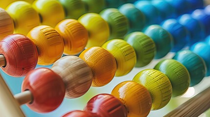A multi-colored designer background enhances the vibrancy of a close-up wooden abacus on a white background, creating an engaging mathematics learning concept