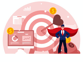 Best businessman. Brave businessman in superhero costume. Business goals. Planning. Efficient use of worktime for implementation of the business plan. Return on investment ROI concept. Vector graphics
