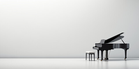 Black piano with large copy space for text on a white wall background. World piano day. Isolated musical instrument concept.