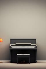 Black piano with large copy space for text on a neutral grey wall background. World piano day. Isolated musical instrument concept.