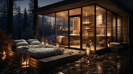 Panoramic view of nice dark stylish modern bedroom at night