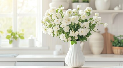 A white vase filled with white flowers graces the counter, offering a modern and stylish touch to home decor