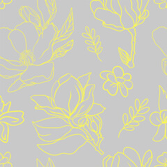 Seamless illustration in a minimalistic style. Blooming magnolias for print, sportswear, blank for designers