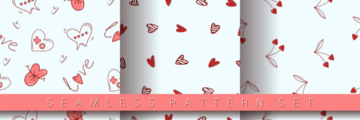 Fototapeta premium Set of seamless pattern for Valentine's Day with heart and love elements on a white background. Vector doodle theme set, romance for cards, banners, flyers, invitation, blog, wrapping paper, prints.