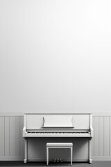 White piano with large copy space for text on a neutral white wall background. World piano day. Isolated musical instrument concept.