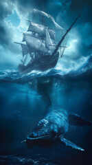 midnight over the sea with blue whale and sailing ship
