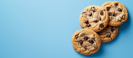 Four chocolate chip cookies are arranged in a stack on a blue background, creating a delicious and tempting finger food.