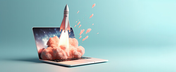 Rocket launch and  taking off from laptop screen. Business Start up, Launching new product and service. a start up launch new business project.