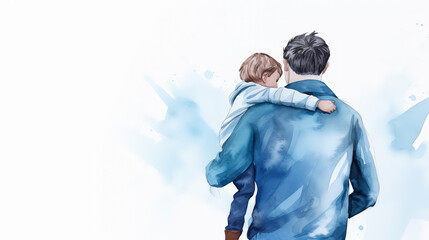 An Illustration vector watercolor back view of Father and son are walking with care, Father's day