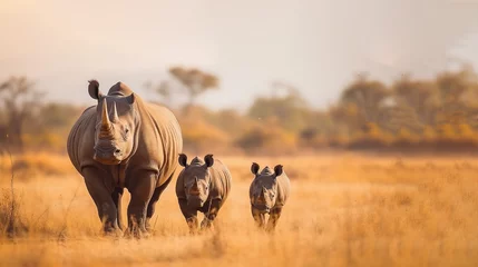 Deurstickers Rhinoceros family walking and live in savana field ,an animal wildlife, World wildlife day. © Nitcharee