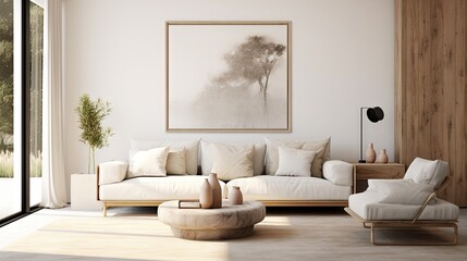 Scandinavian style living room with a modern mock up poster frame.