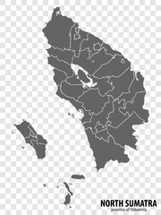 Blank map North Sumatra province of Indonesia. High quality map North Sumatra with municipalities on transparent background for your web site design, logo, app, UI. Republic of Indonesia.  EPS10.