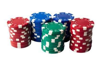 Stacks of Red, Green, and Blue Casino Chips Isolated on Transparent Background