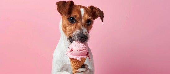 A dog of a fawn-colored breed enjoys an ice cream cone while sitting on a pink background. - obrazy, fototapety, plakaty