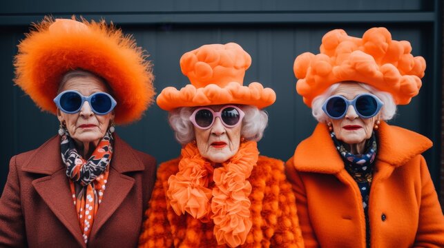 Vibrant Spirits: A Trio of Timeless Ladies in Flamboyant Orange Wigs and Sunglasses. 