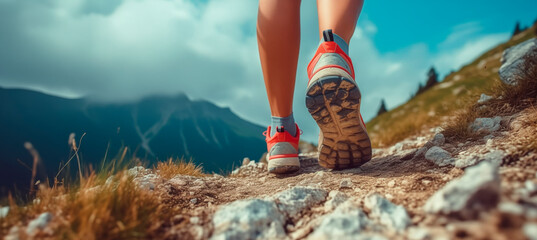 low angle view of legs with sports shoes running on a mountain on summer day , trekking or trail run concept image - obrazy, fototapety, plakaty