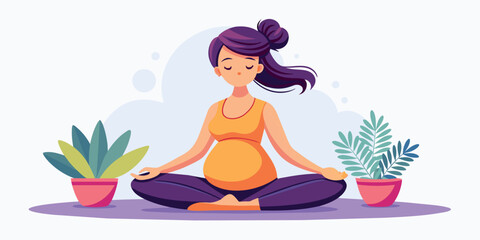 Happy and healthy pregnancy concept. Pregnant woman doing yoga exercises for health and relaxation. Illustration vector isolated on white - 730941918