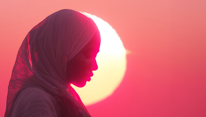 woman in hijabs praying in front of the sun at sunset