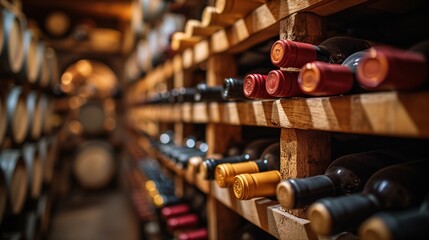 A selection of fine wines displayed in an elegant cellar. Rustic underground cellar with wooden wine racks, dimly lit.