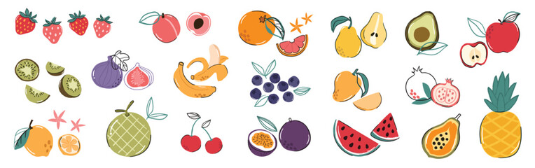 Set of colorful fruit element vector. Different fresh fruit design of apple, strawberry, banana, orange, mango with hand drawn pattern.  Illustration for branding, sticker, fabric, clipart, ads. - obrazy, fototapety, plakaty