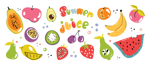 Set of colorful fruit element vector. Different fresh fruit design of apple, strawberry, banana, orange, papaya with hand drawn pattern.  Illustration for branding, sticker, fabric, clipart, ads.