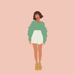 Faceless woman illustration. Girl full-length,The girl in the shirt and skirt, vector wall poster, boho art. 