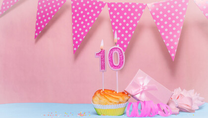 Date of Birth  10. Greeting card in pink shades. Anniversary candle numbers. Happy birthday girl,...