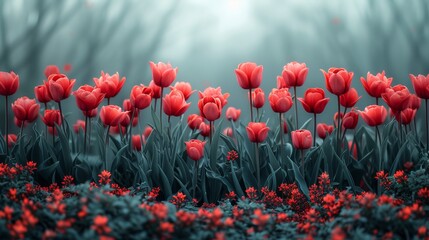 Crimson Meadows - A Vivacious Tapestry of Scarlet Blooms Dancing Amidst Verdant Blades. Generative AI.