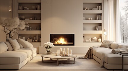 Salon moderne et luxueux avec feu de cheminée. 