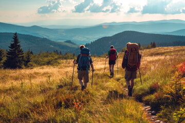 family and friends hiking together, vacation trip