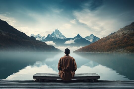 Un homme de dos, assis sur un banc regardant le paysage, lac, forêt et montagnes, ciel brumeux