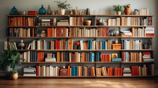 Int&eacute;rieur d'un salon avec grande biblioth&egrave;que.