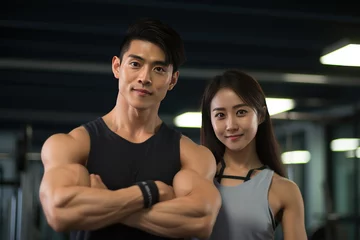 Foto op Plexiglas Portrait of asian couple flexing their muscles, working out in gym, health and wellness © waranyu