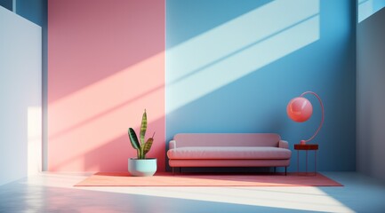 Pièce vide avec mur éclairé peint en rose et bleu, avec plante et canapé,  image avec espace pour texte.
