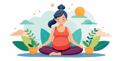 Happy and healthy pregnancy concept. Pregnant woman doing yoga exercises for health and relaxation. Illustration vector isolated on white - 730942998