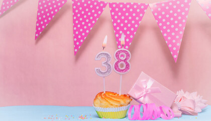 Date of Birth  38. Greeting card in pink shades. Anniversary candle numbers. Happy birthday girl,...