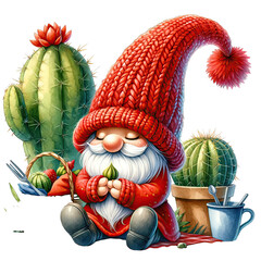 Fototapeta na wymiar Cute Cactus Gnome Clipart, Watercolor Gnome Cactus Lover, Colorful Cacti Gnomes