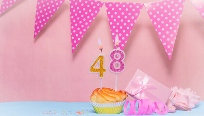Date of Birth  48. Greeting card in pink shades. Anniversary candle numbers. Happy birthday girl,...