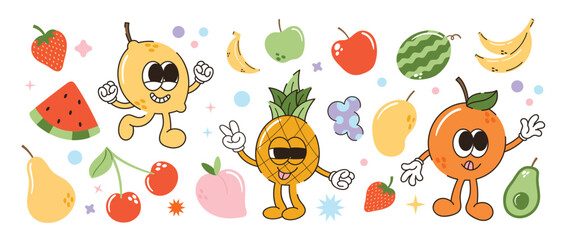 Set of fresh fruit groovy element vector. Funky fruits character design of banana, lemon, apple, strawberry, peach, orange. Summer juicy illustration for branding, sticker, fabric, clipart, ads.