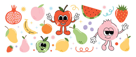 Set of fresh fruit groovy element vector. Funky fruits character design of banana, lemon, apple, strawberry, pomegranate. Summer juicy illustration for branding, sticker, fabric, clipart, ads.