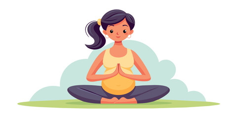 Happy and healthy pregnancy concept. Pregnant woman doing yoga exercises for health and relaxation. Illustration vector isolated on white - 730943562